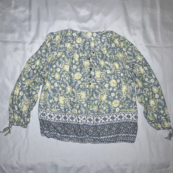Lucky Brand Floral Split Neck Button Front Popover Blouse XL Blue Floral Peasant - Picture 1 of 9